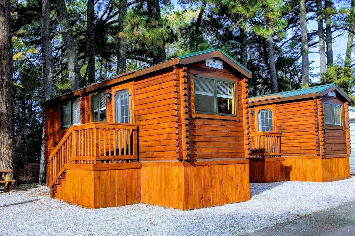 Log Cabin at Anvil Campground | Blackout drapes, iron/ironing board, free WiFi