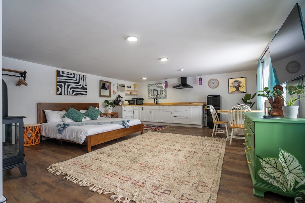 A modern bedroom with a wooden bed, a large rug, and a green dresser.