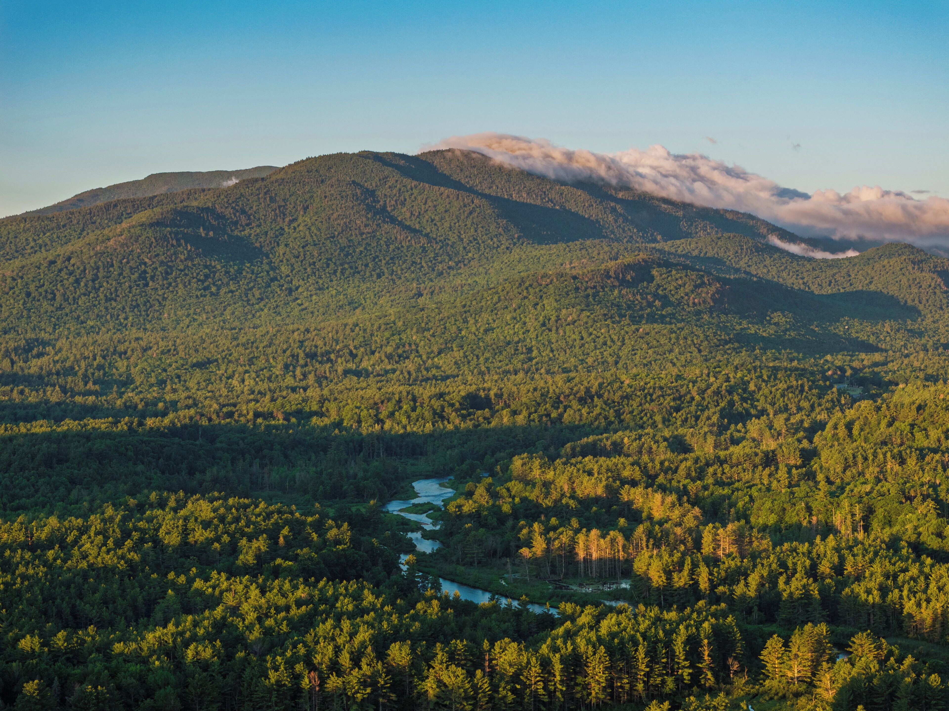 A mountainous landscape with dense forests and a river.