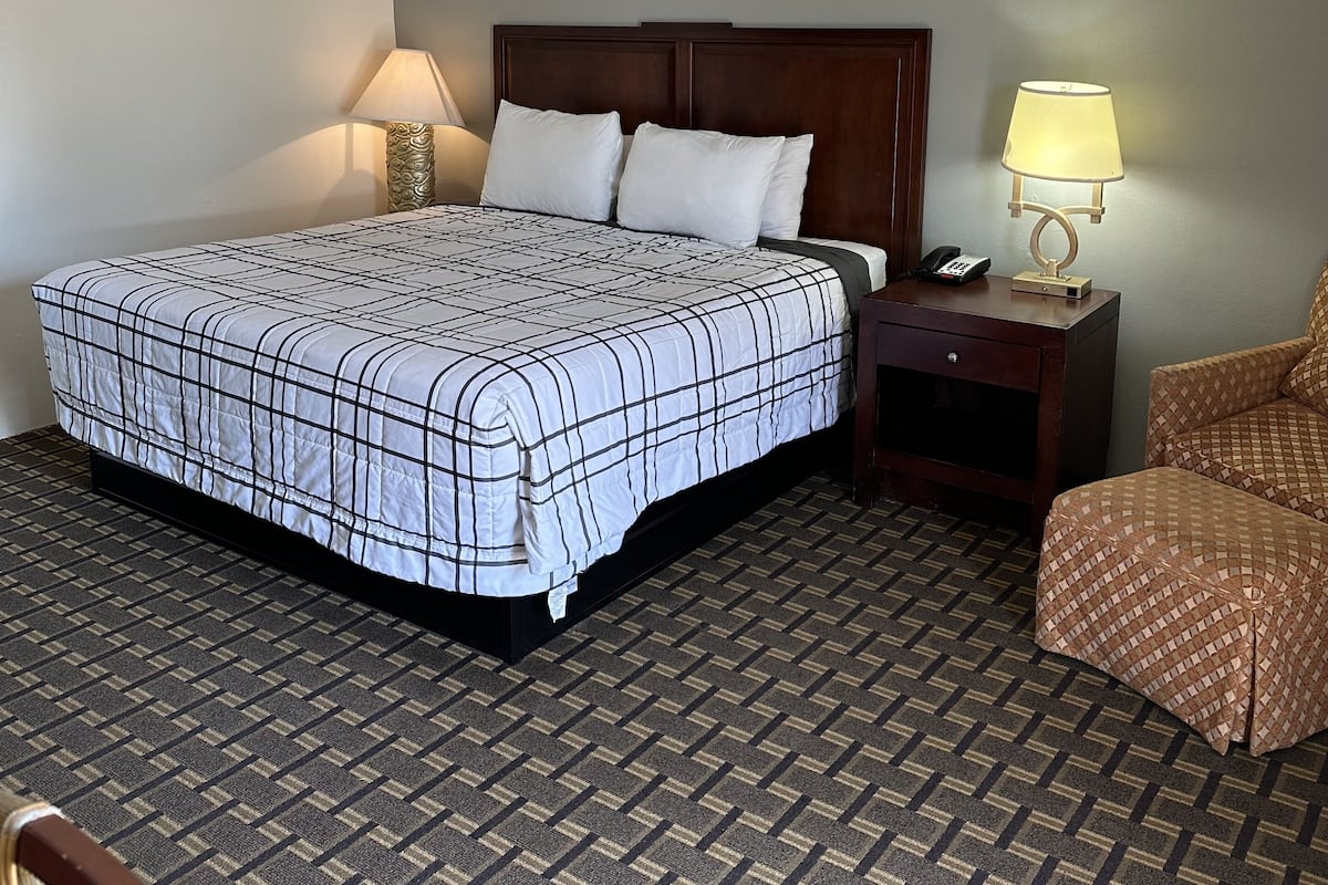 A hotel room with a large bed, two bedside lamps, a wooden nightstand, and a patterned carpet.