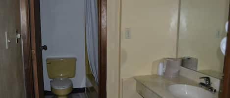 Un baño con inodoro, lavamanos y espejo.