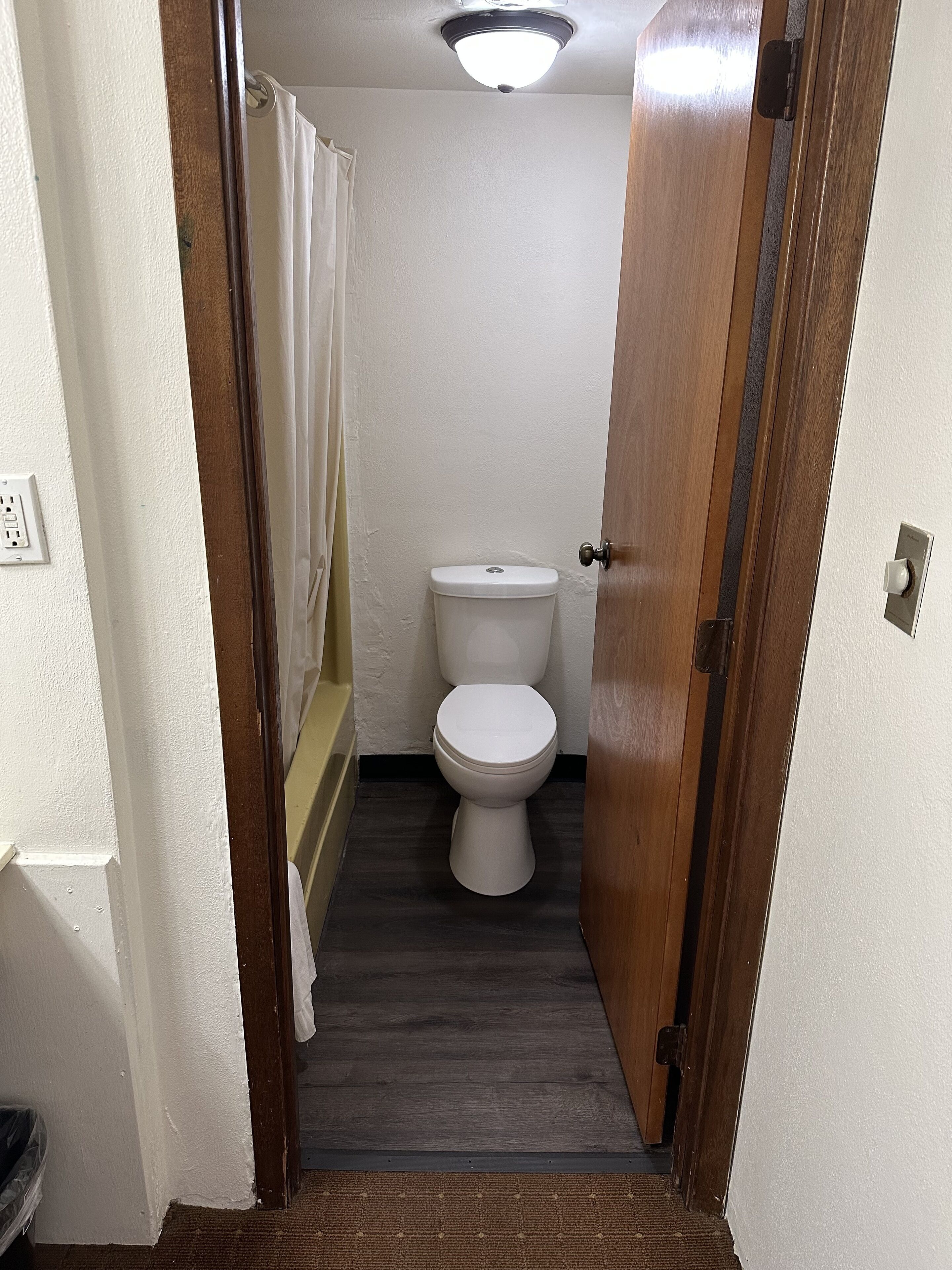 Et lille badeværelse med toilet, badeforhæng og en trædør.