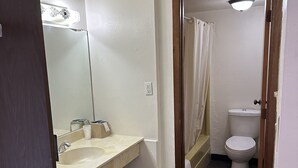 Un baño con lavabo, espejo, inodoro y cortina de ducha.