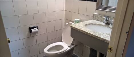 Un baño con inodoro, lavamanos y dispensador de toallas de papel.