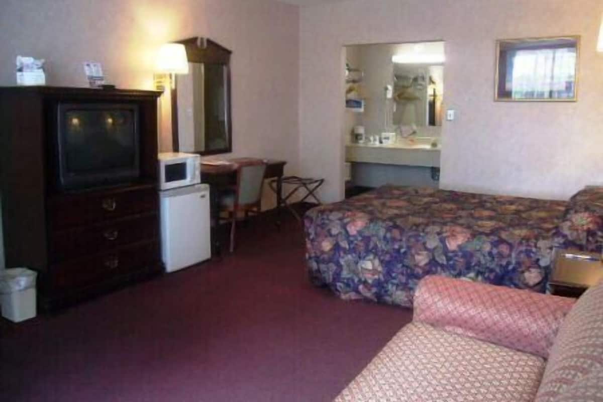 A hotel room with a bed, a desk, a television, a microwave, and a mirror.
