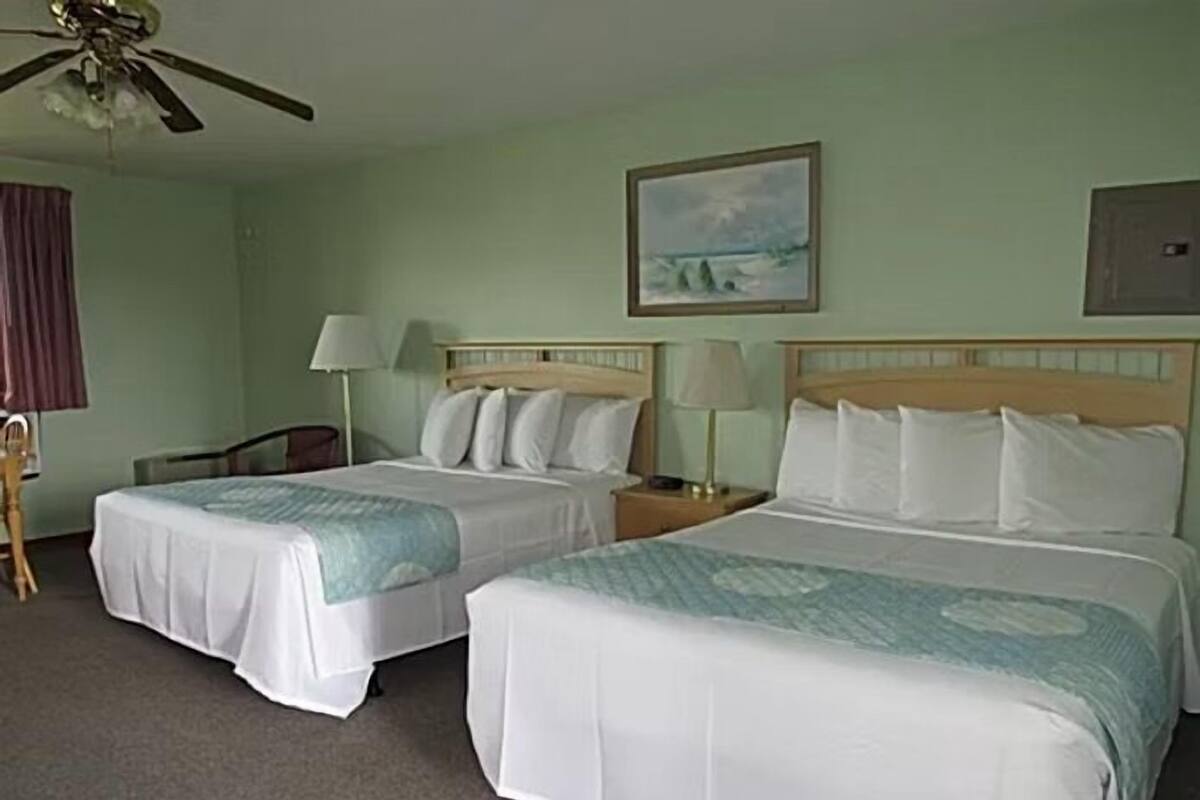Een hotelkamer met twee bedden, een plafondventilator, een schilderij en een bureau met een stoel.