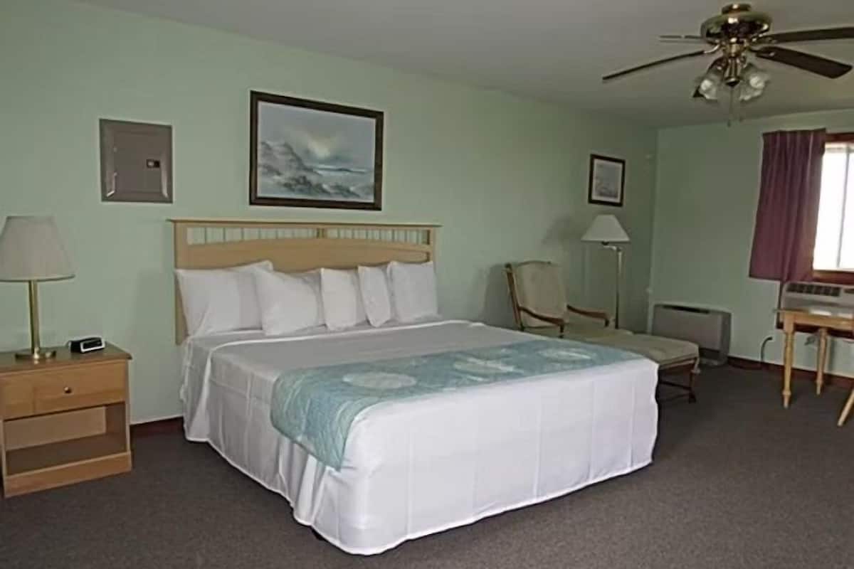 Een hotelkamer met een bed, bureau, stoel, lamp en plafondventilator.