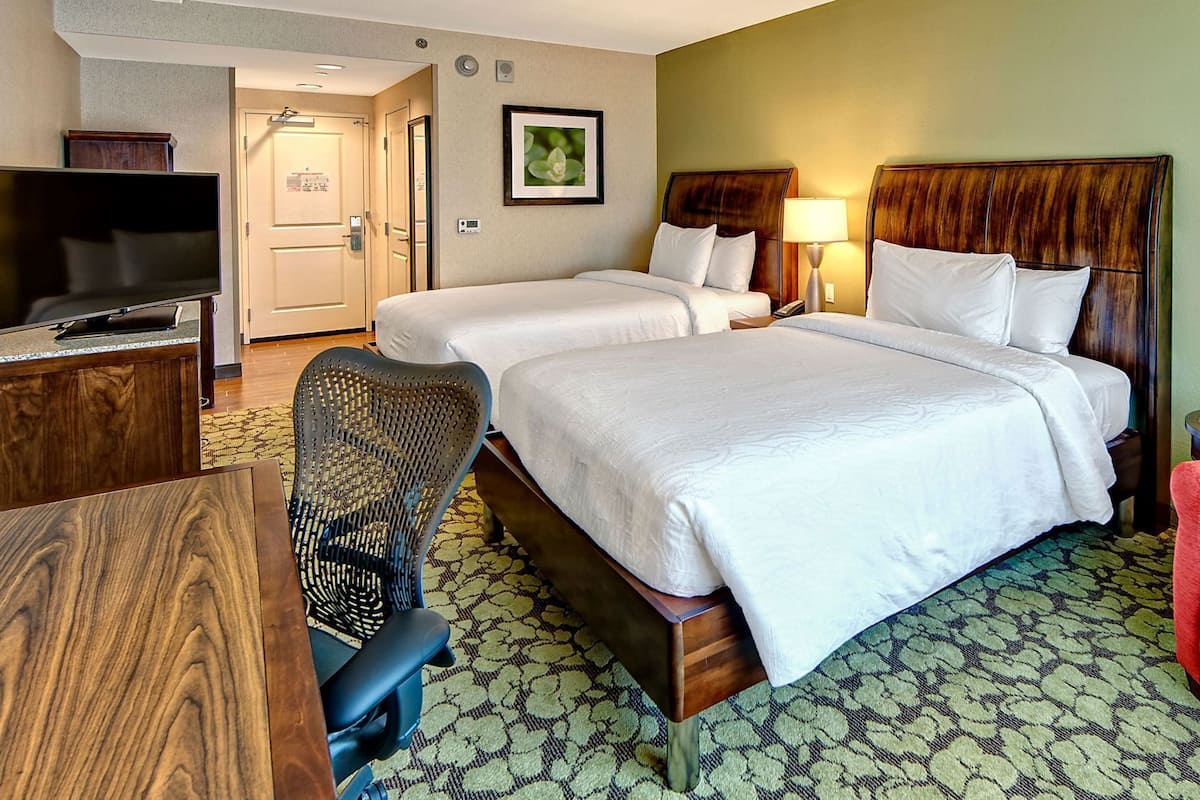 Desk, laptop workspace, blackout curtains, iron/ironing board