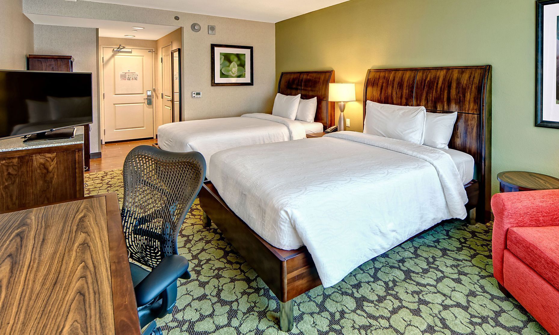 Desk, laptop workspace, blackout curtains, iron/ironing board