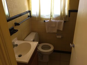 Habitación estándar, frigorífico y microondas, vistas al patio | Baño | Ducha y secador de pelo