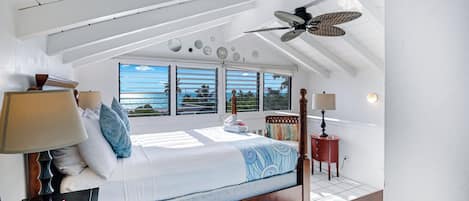 A bedroom with a large bed, a ceiling fan, a window with a view, and a nightstand with a lamp.