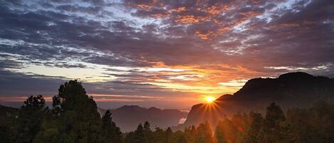 A sunset over a mountainous landscape with dense forest in the foreground.