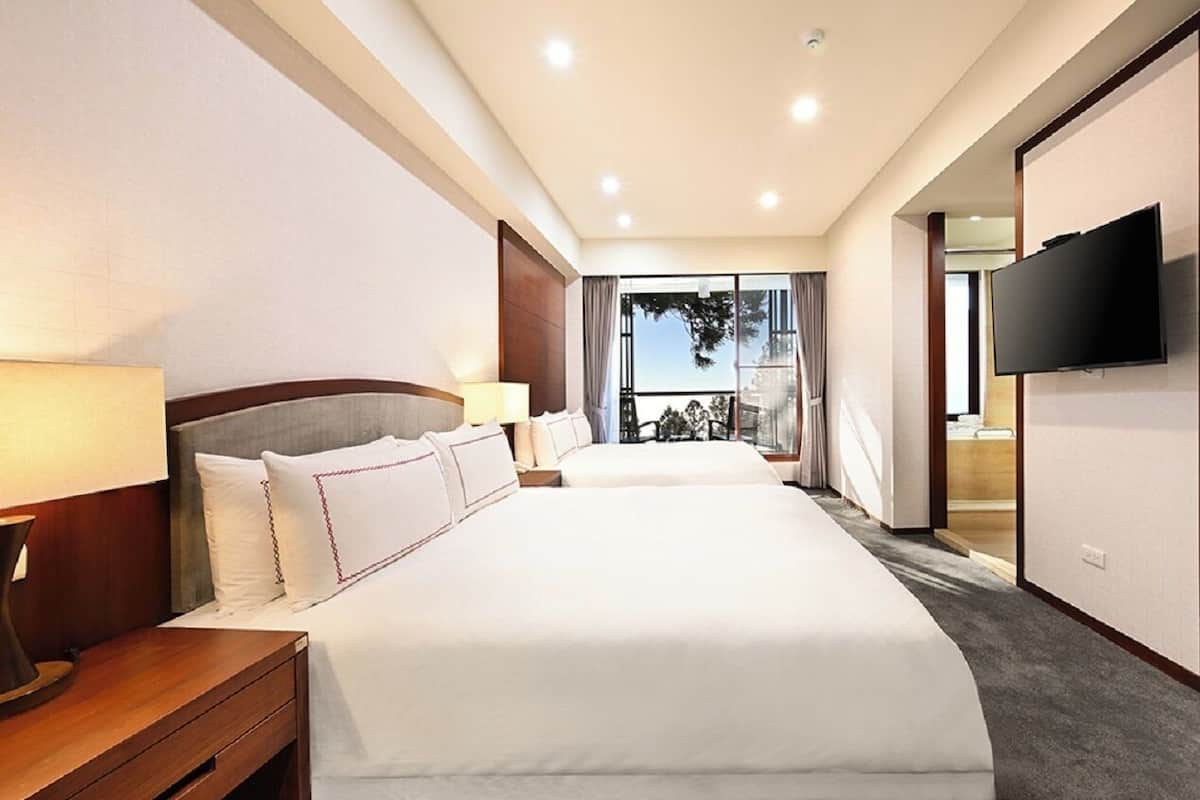 A hotel room with a large bed, a TV, and a view of the outdoors.