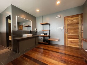Shower, eco-friendly toiletries, hair dryer, bathrobes