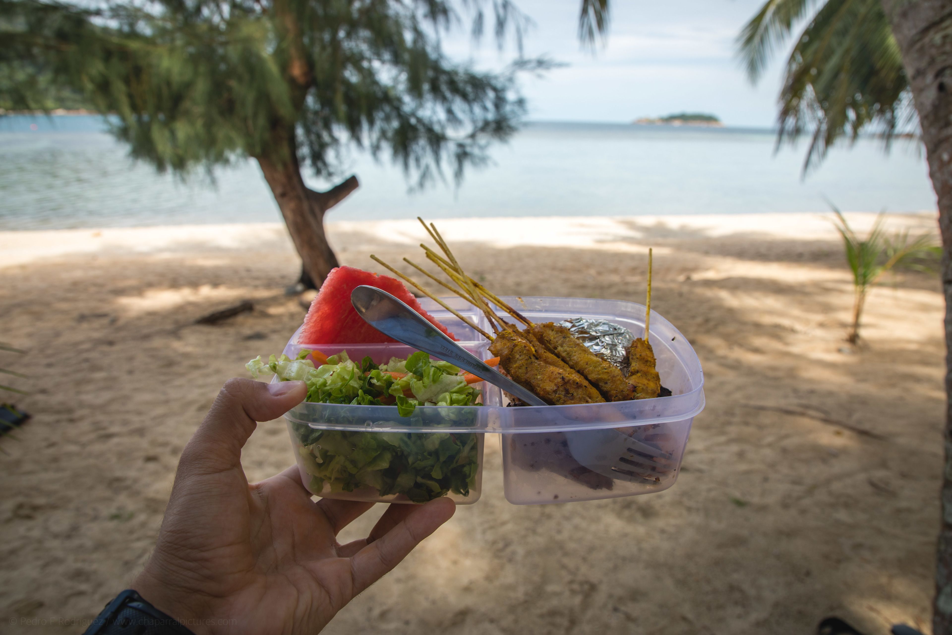 Une main tenant un récipient contenant des aliments et une cuillère, avec une plage et des palmiers en arrière-plan.