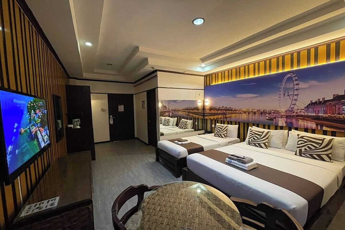 A hotel room with a TV, two beds, a sofa, and a large cityscape mural on the wall.