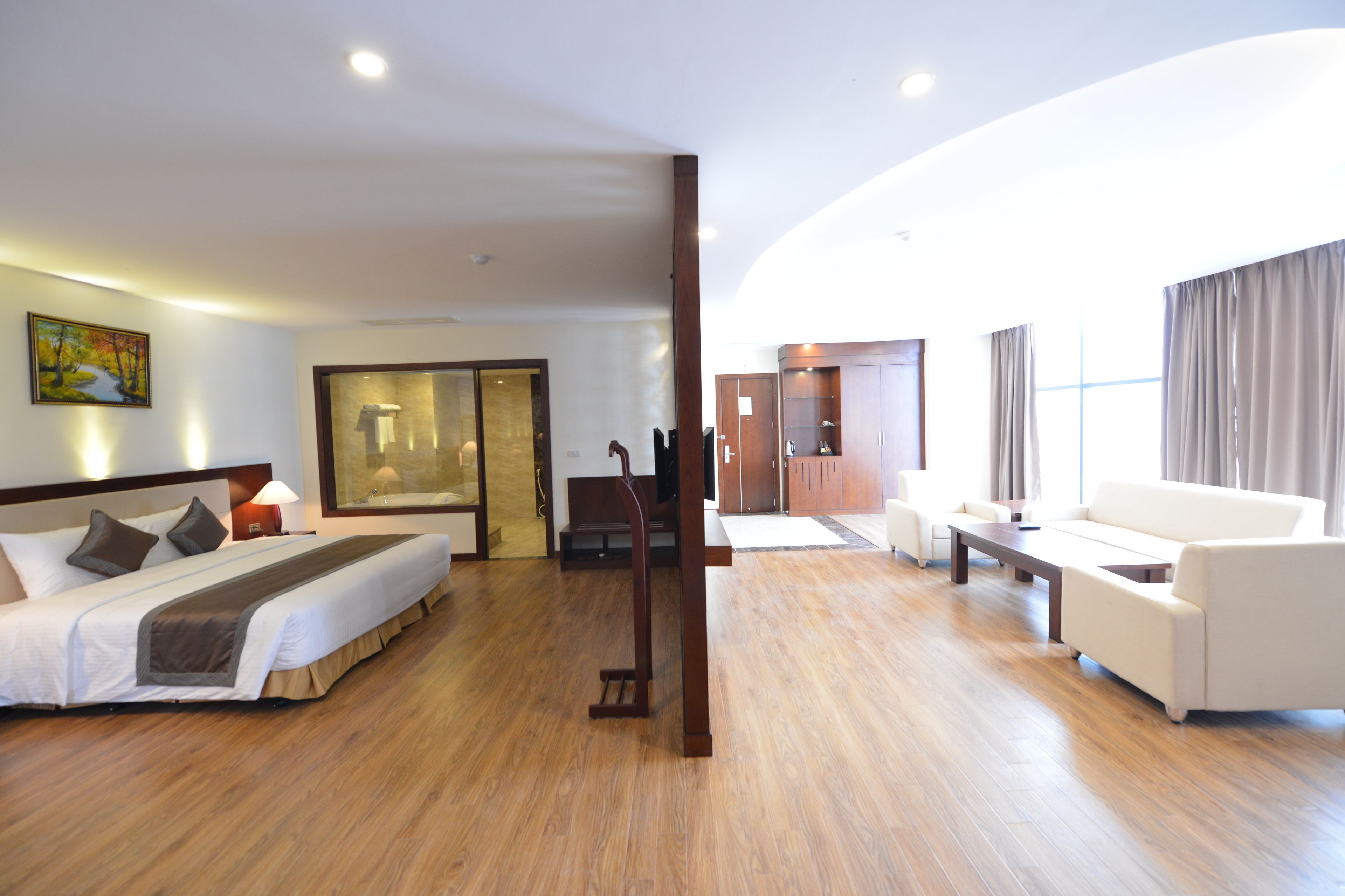 A hotel room with a bed, a sofa, a desk, and a bathroom with a shower and toilet.