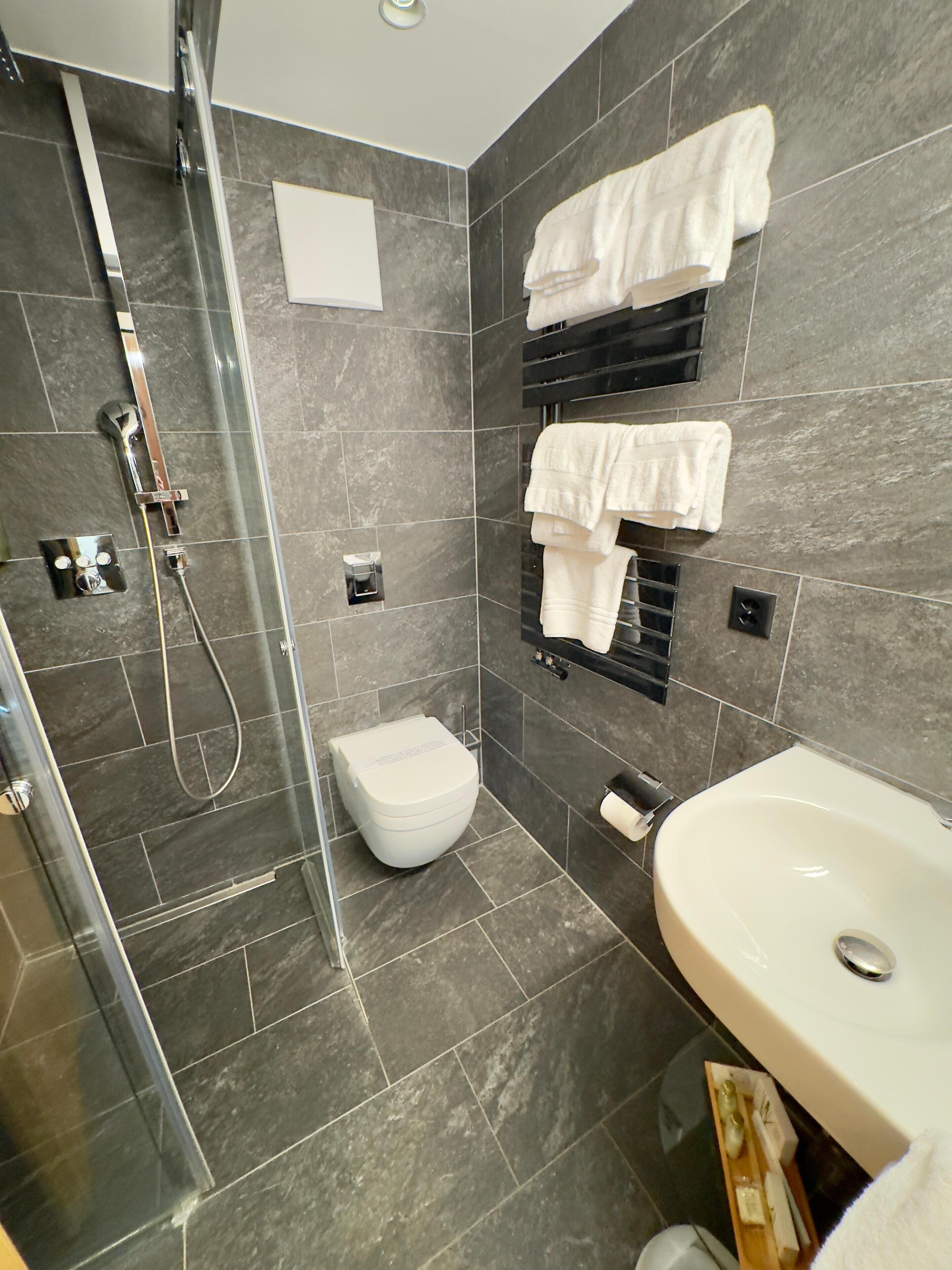 Une salle de bain moderne avec une douche à parois de verre, des toilettes et un lavabo.