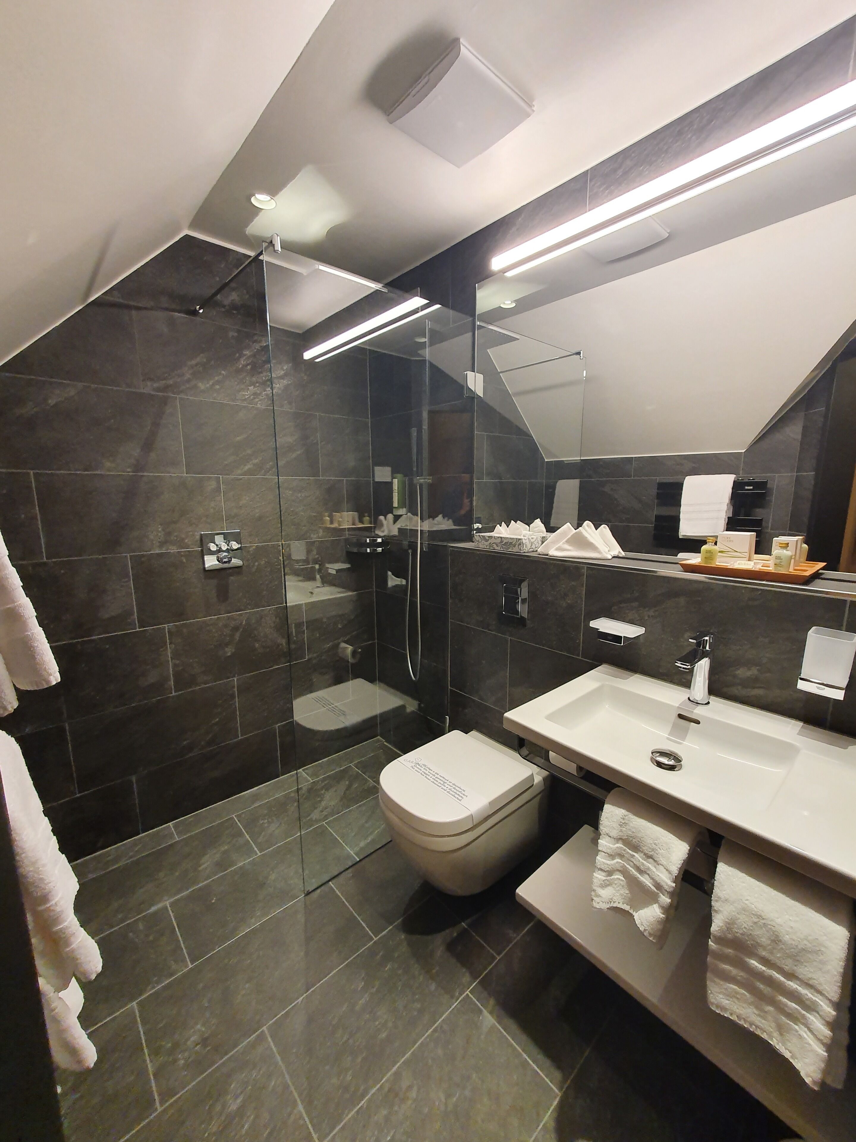 Une salle de bain moderne avec une douche à parois de verre, des toilettes blanches et un meuble-lavabo avec un miroir.