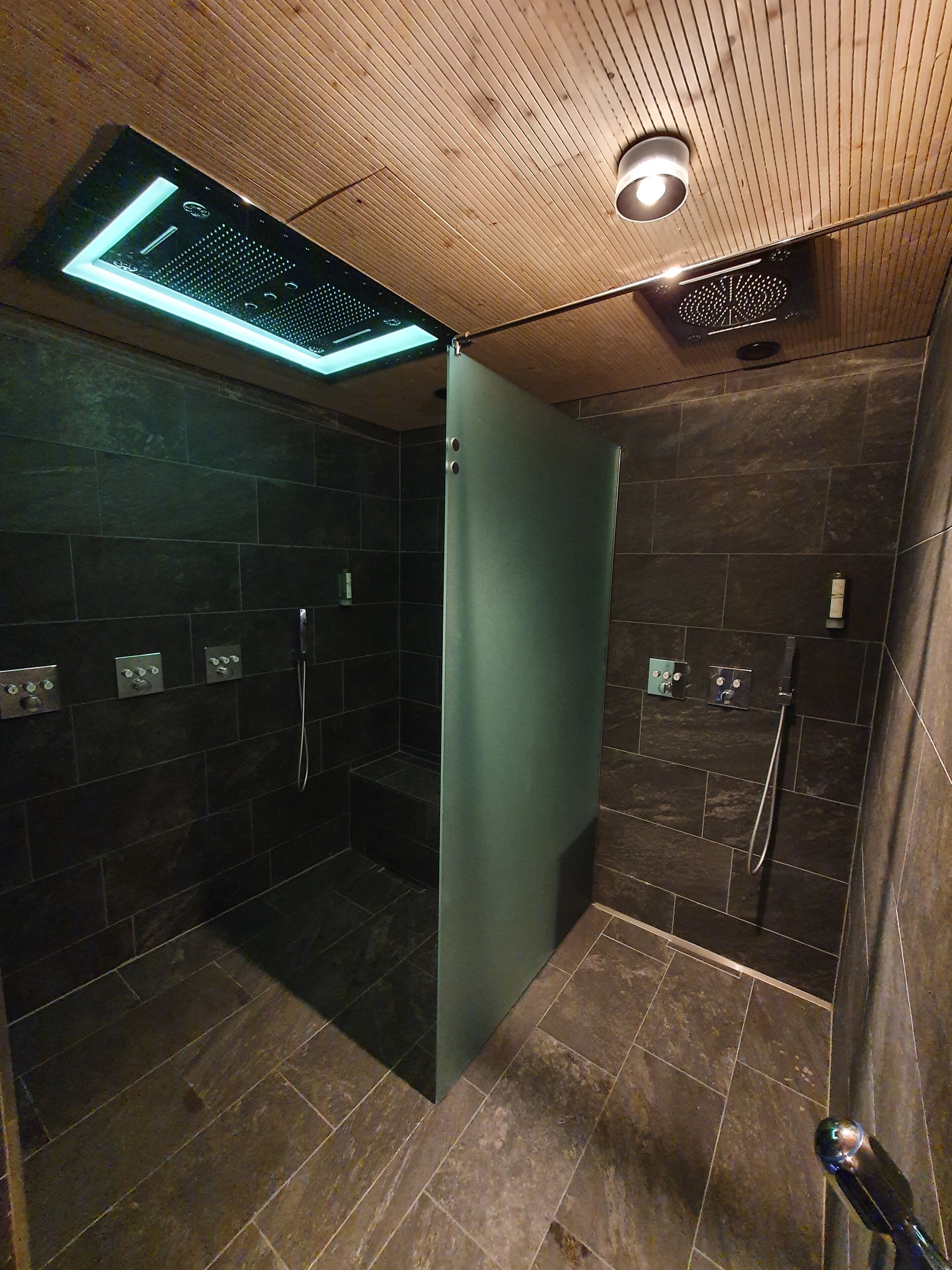 Un área de ducha moderna con azulejos oscuros, un separador de vidrio y una lámpara en el techo.