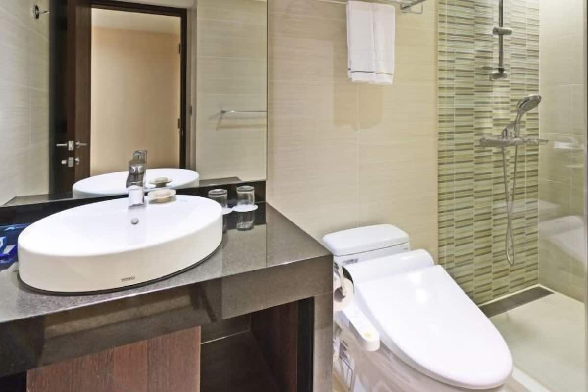 Secador de cabelo, chinelos, toalhas de banho