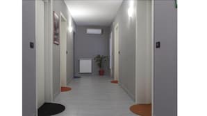 A narrow hallway with white walls and doors on both sides. There are red circular mats on the floor. - Easy Venice Room (Mestre)
