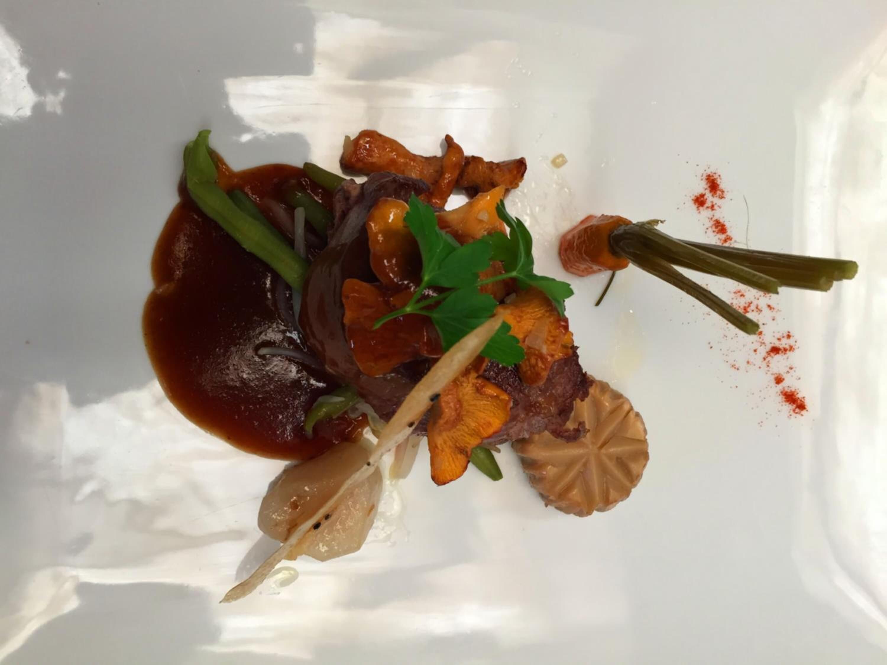 Un plato blanco con un guiso de carne, verduras y salsa.