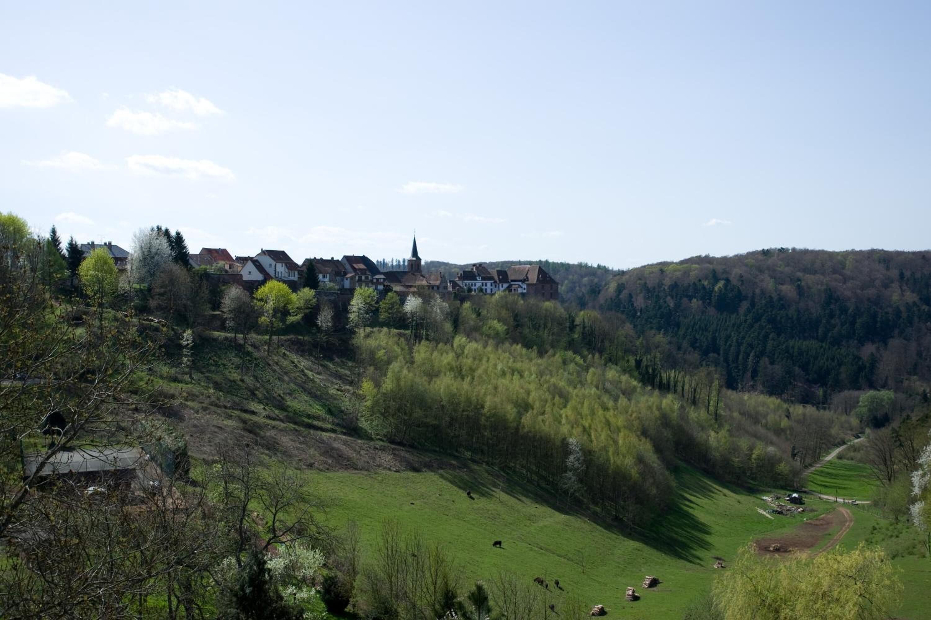 Ländliche Landschaft mit Häusern, einer Kirche und einem grünen Tal.