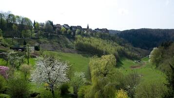 Une vallée verdoyante et luxuriante, avec une ville historique perchée sur une colline, entourée d’arbres et sous un ciel dégagé.