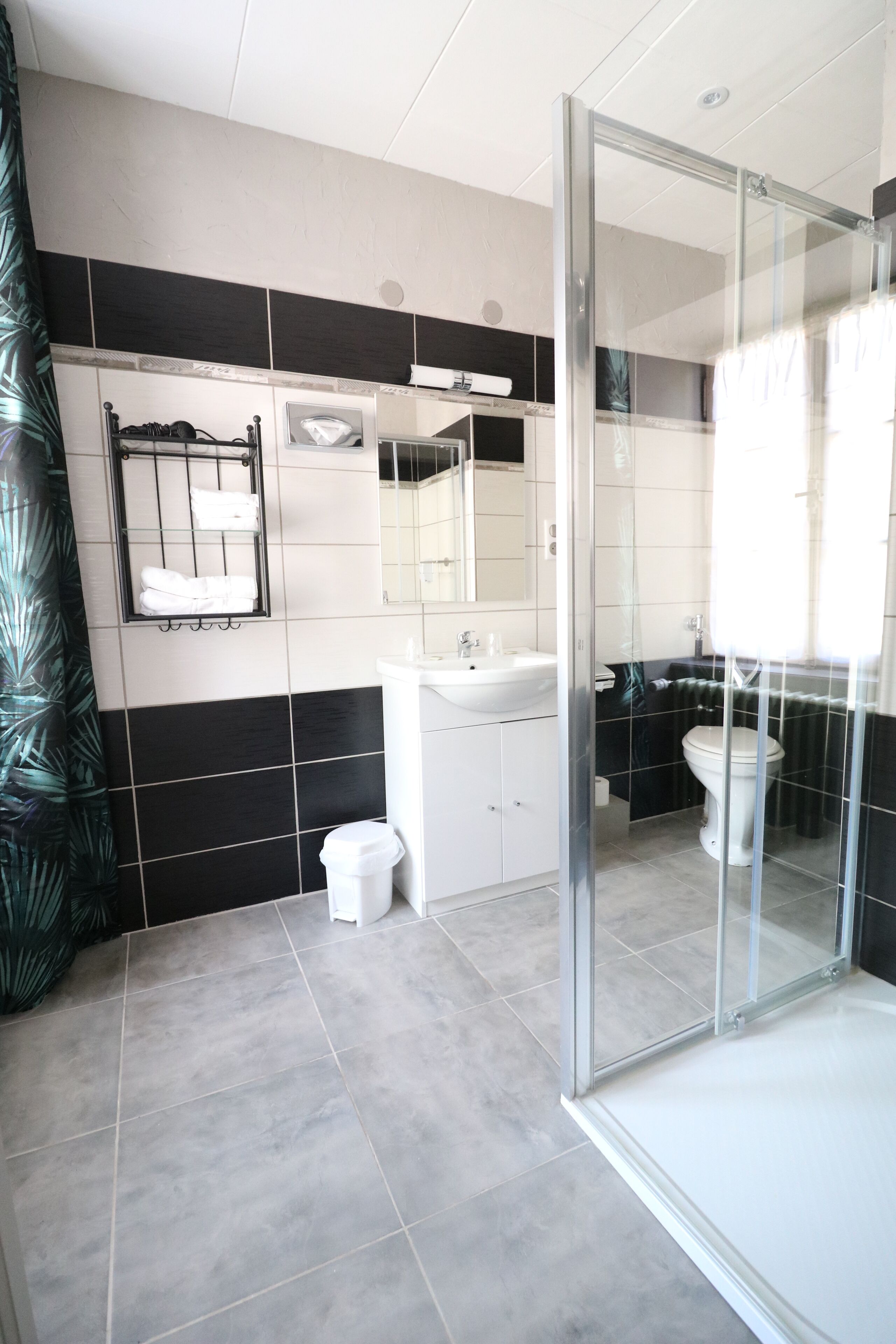 A modern bathroom with a glass shower enclosure, a white sink, and a toilet.