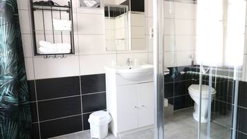 A modern bathroom with a glass shower enclosure, a white sink, and a toilet.