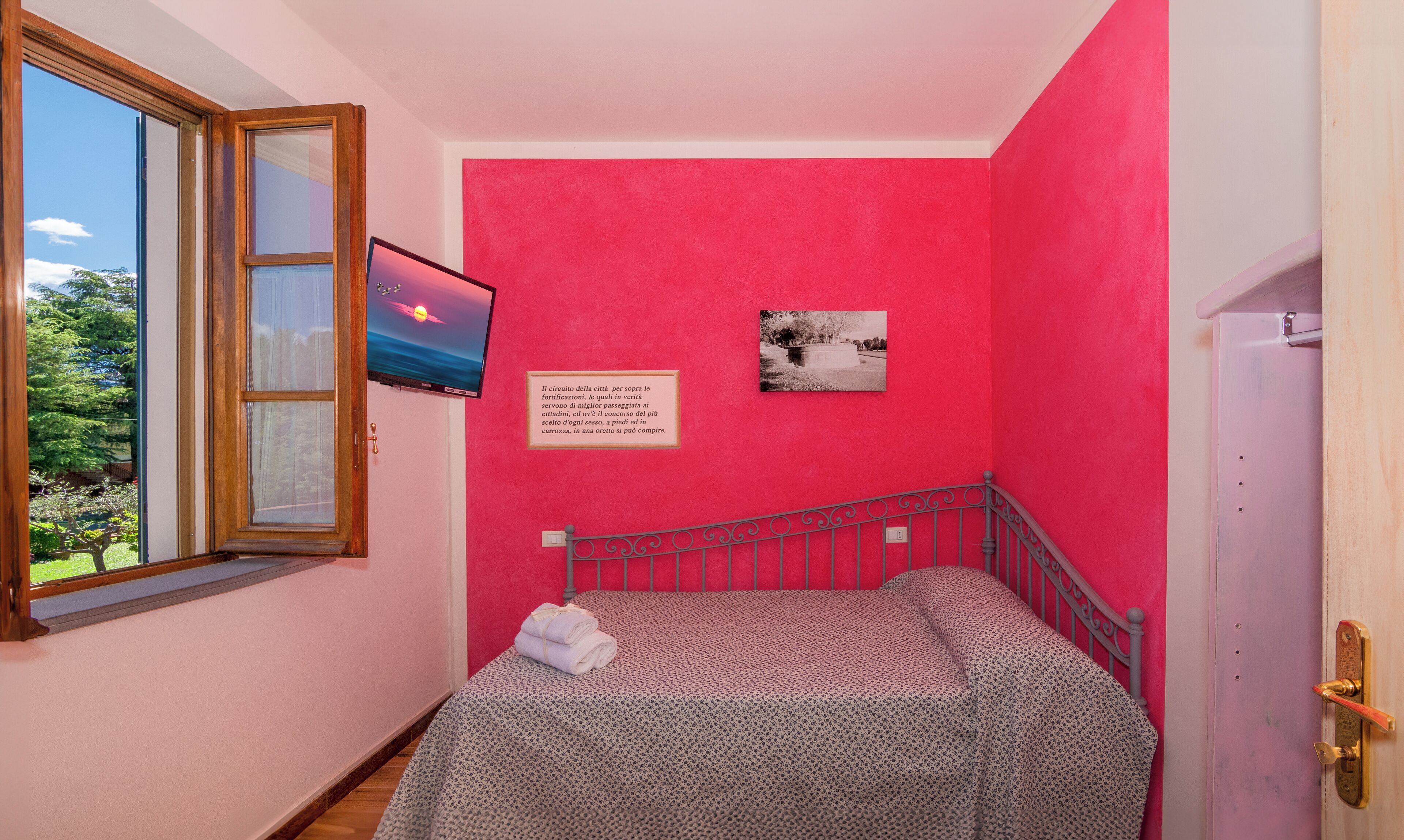 A room with a bed, a TV, a window, and a door.