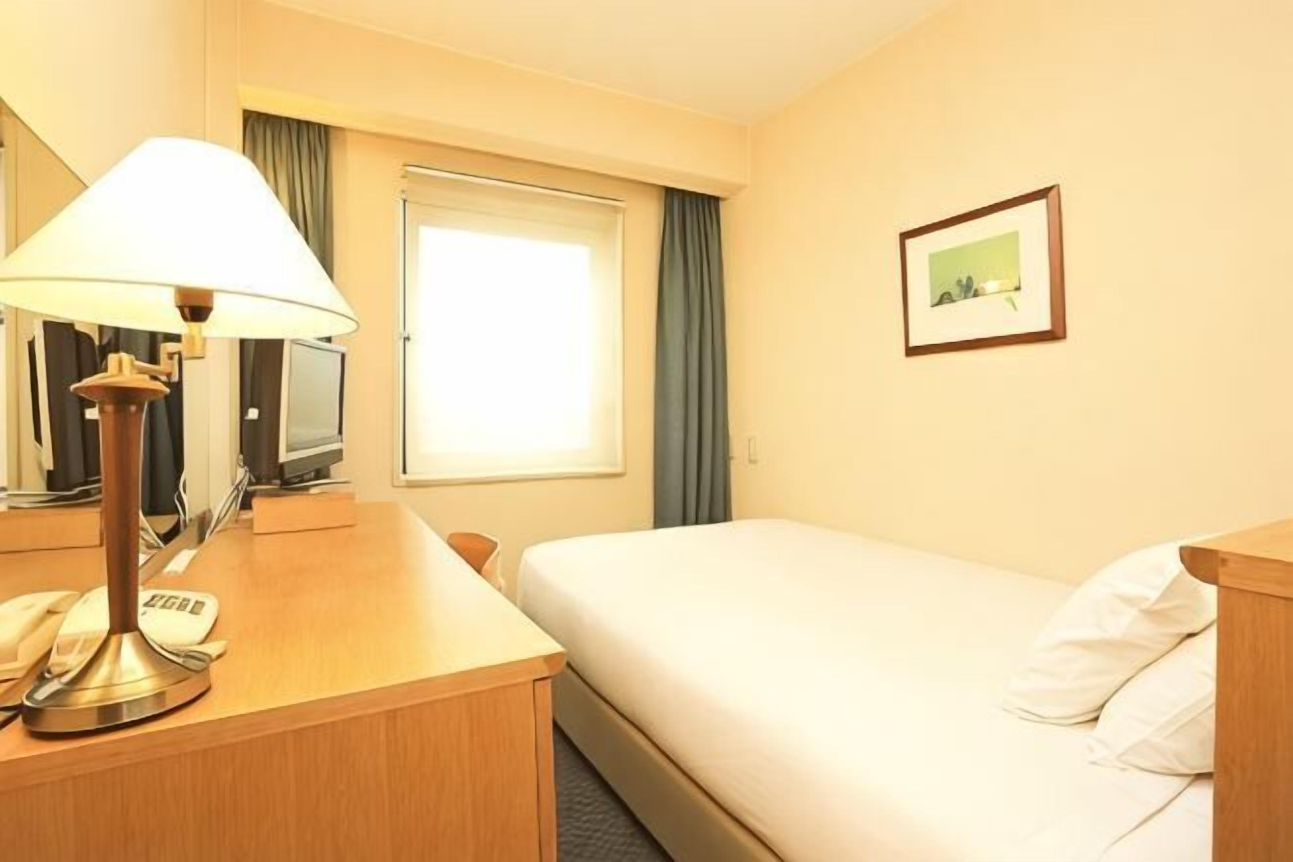 A hotel room with a bed, a desk with a lamp, a telephone, a television, and a framed picture on the wall.