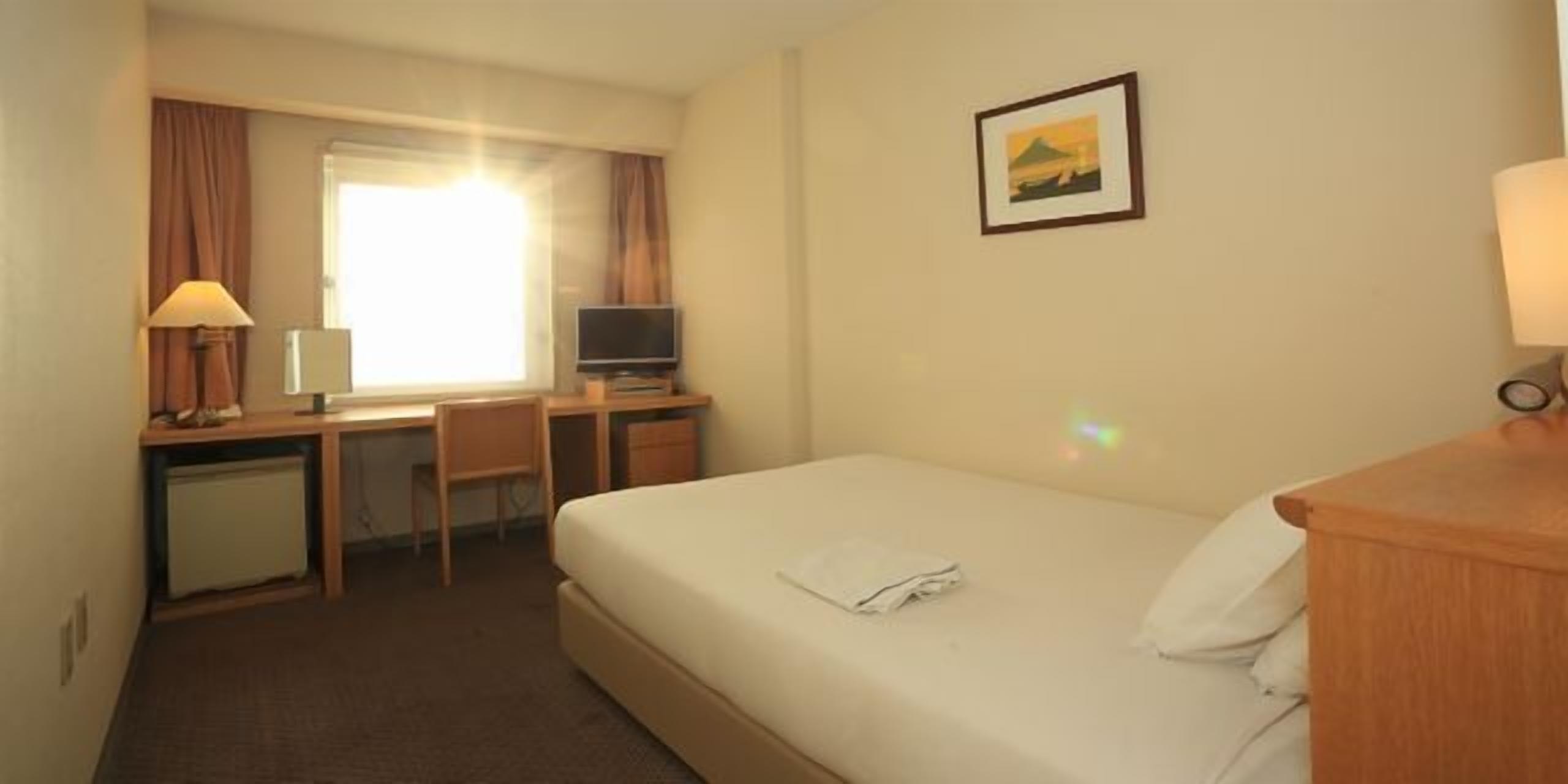 Une chambre d’hôtel comprenant un lit, un bureau avec une chaise, une télévision et une fenêtre.