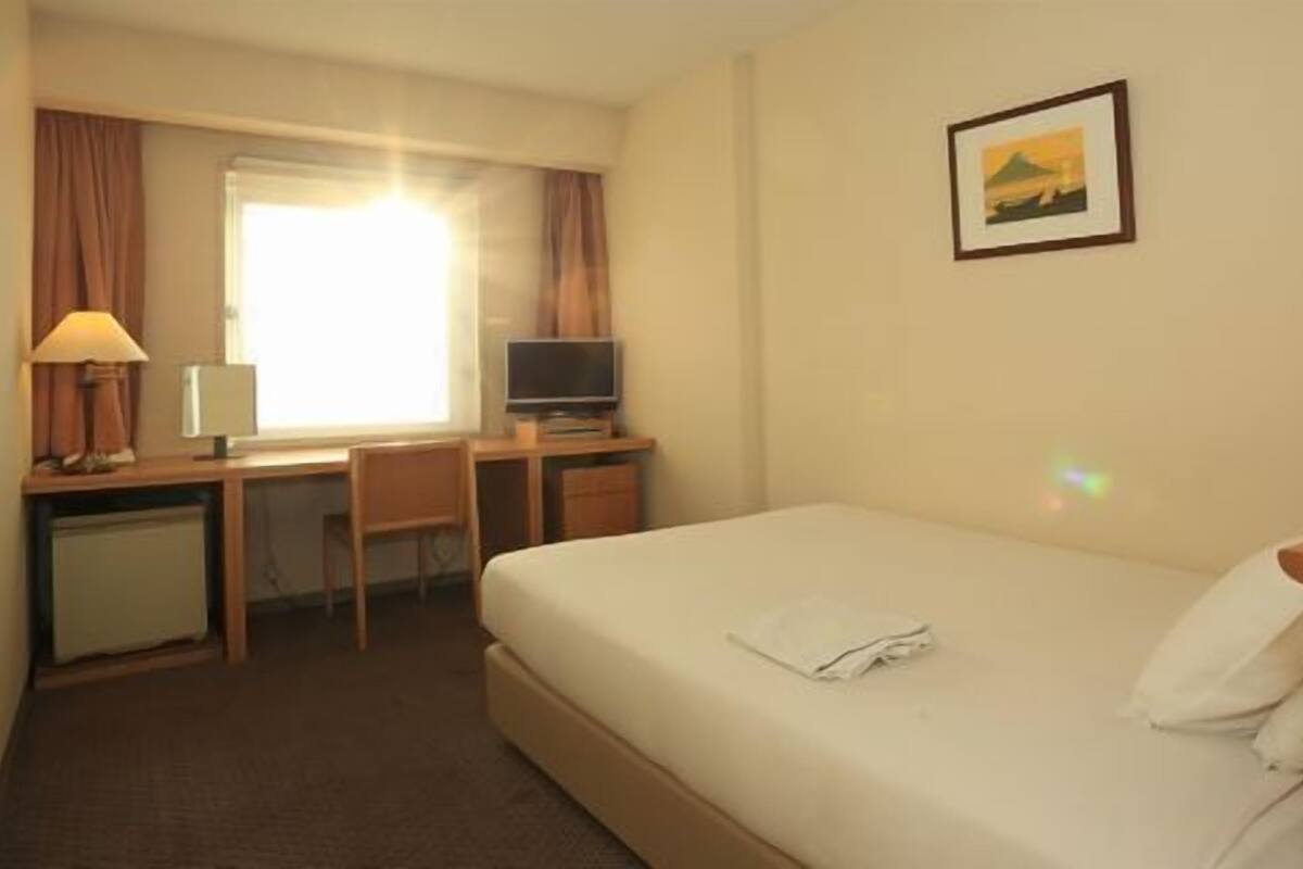 Ein Hotelzimmer mit einem Bett, einem Schreibtisch mit Stuhl, einem Fernseher und einem Fenster.