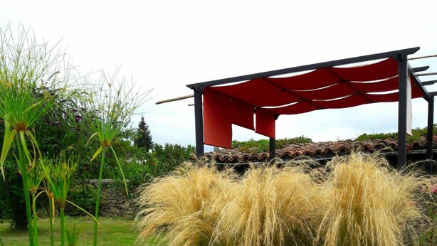 Un jardín con un estanque, diversas plantas y una pérgola roja.