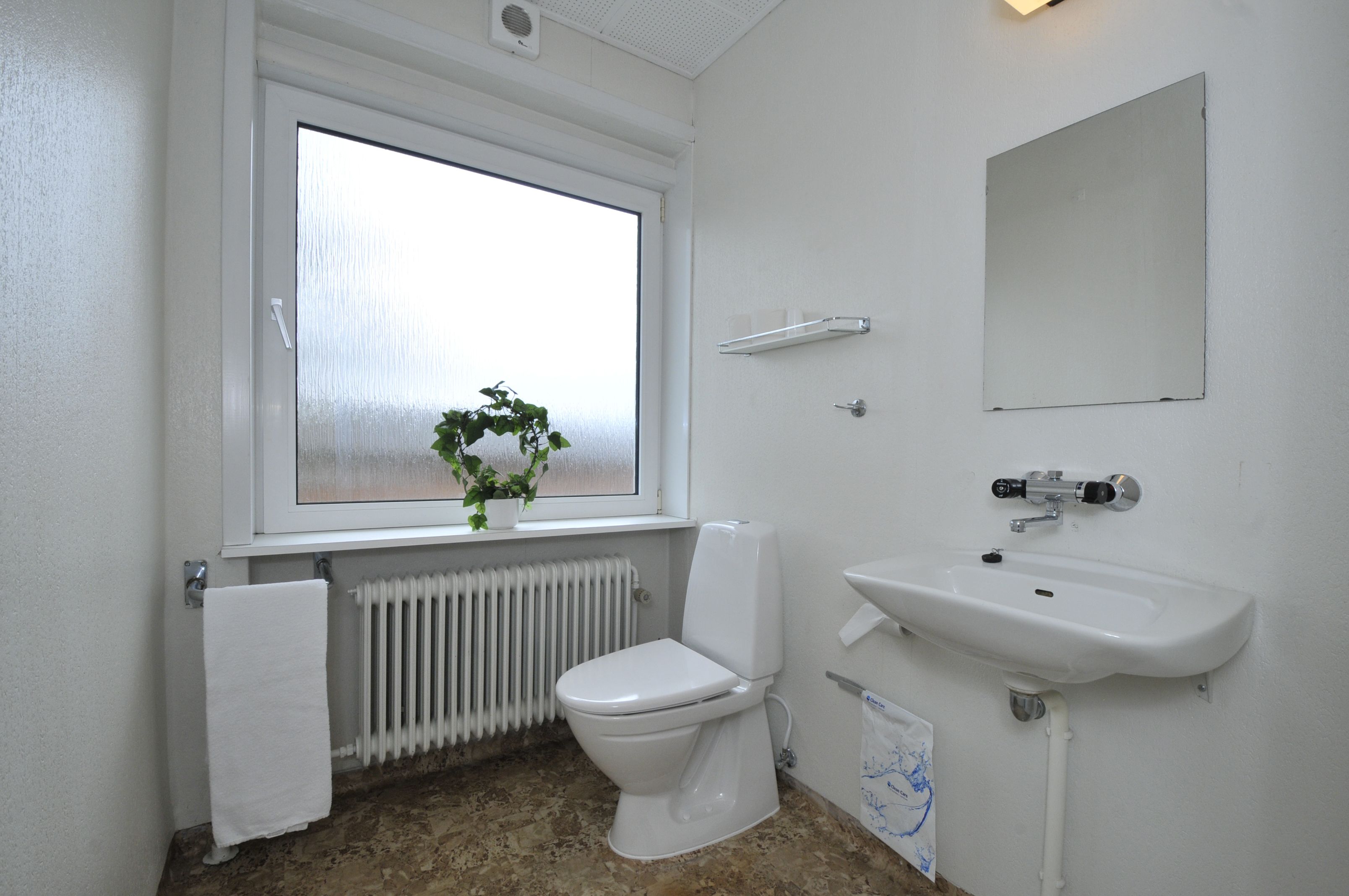 A bathroom with a toilet, sink, and window.