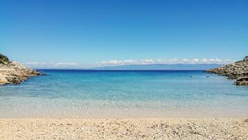 On the beach, sun loungers, beach umbrellas, scuba diving