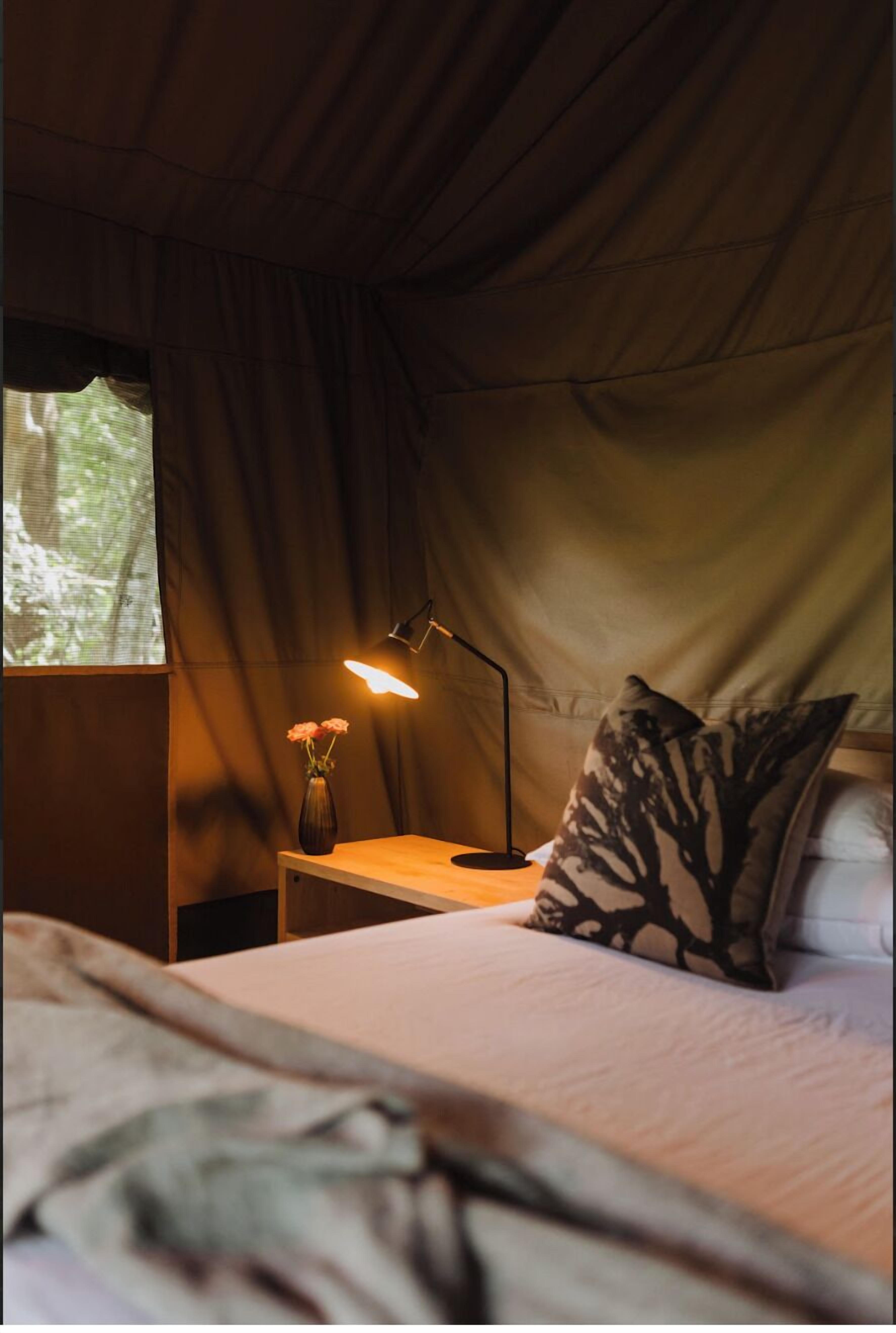 A tent-style room with a bed, a nightstand with a lamp, and a window with curtains.