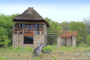 A rustic thatched-roof building with a stone base, surrounded by greenery. - Gwango Elephant Lodge (Dete)