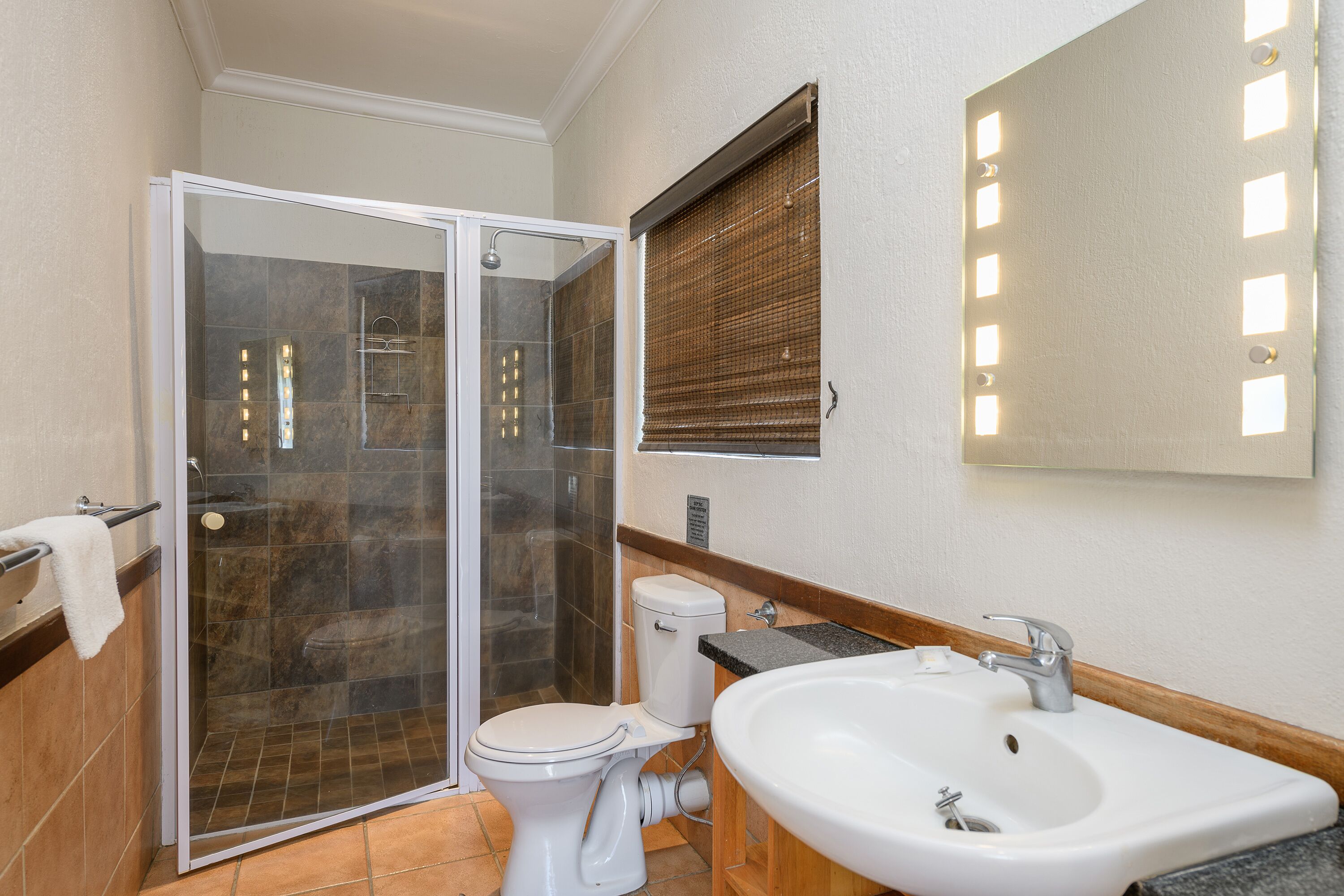 A bathroom with a glass-enclosed shower, a toilet, a sink, and a mirror with lights.
