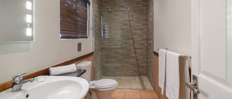 Un baño con lavabo, inodoro y ducha.
