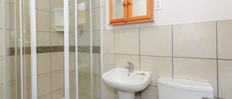 A bathroom with a glass-enclosed shower, a white sink, and a toilet.