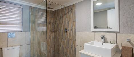 A bathroom with a glass-enclosed shower, a toilet, a sink, and a mirror.