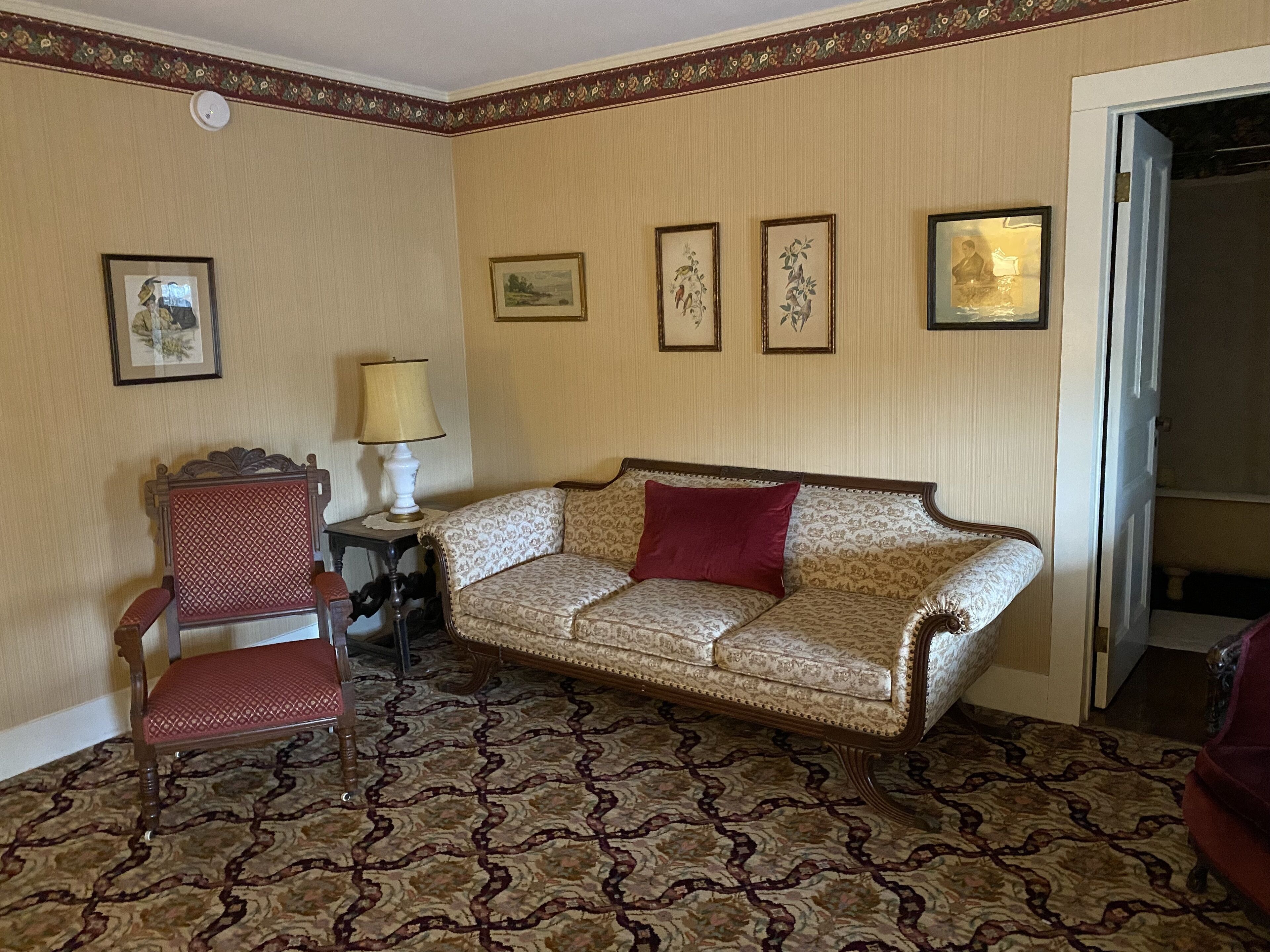 A room with a patterned carpet, a sofa with a red pillow, a chair, a table with a lamp, and framed artwork on the wall.