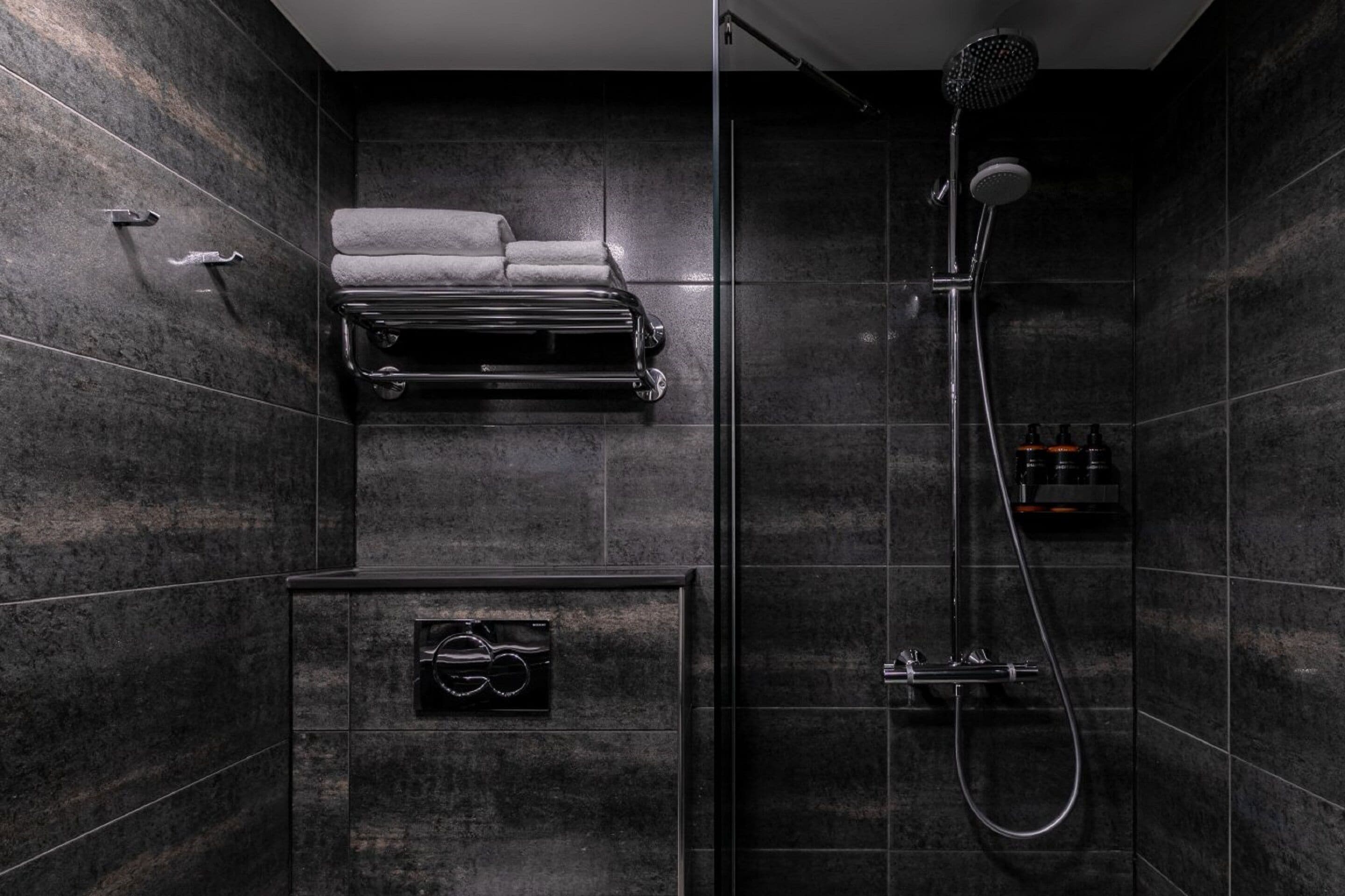 hair dryer, bidet, heated floors, towels