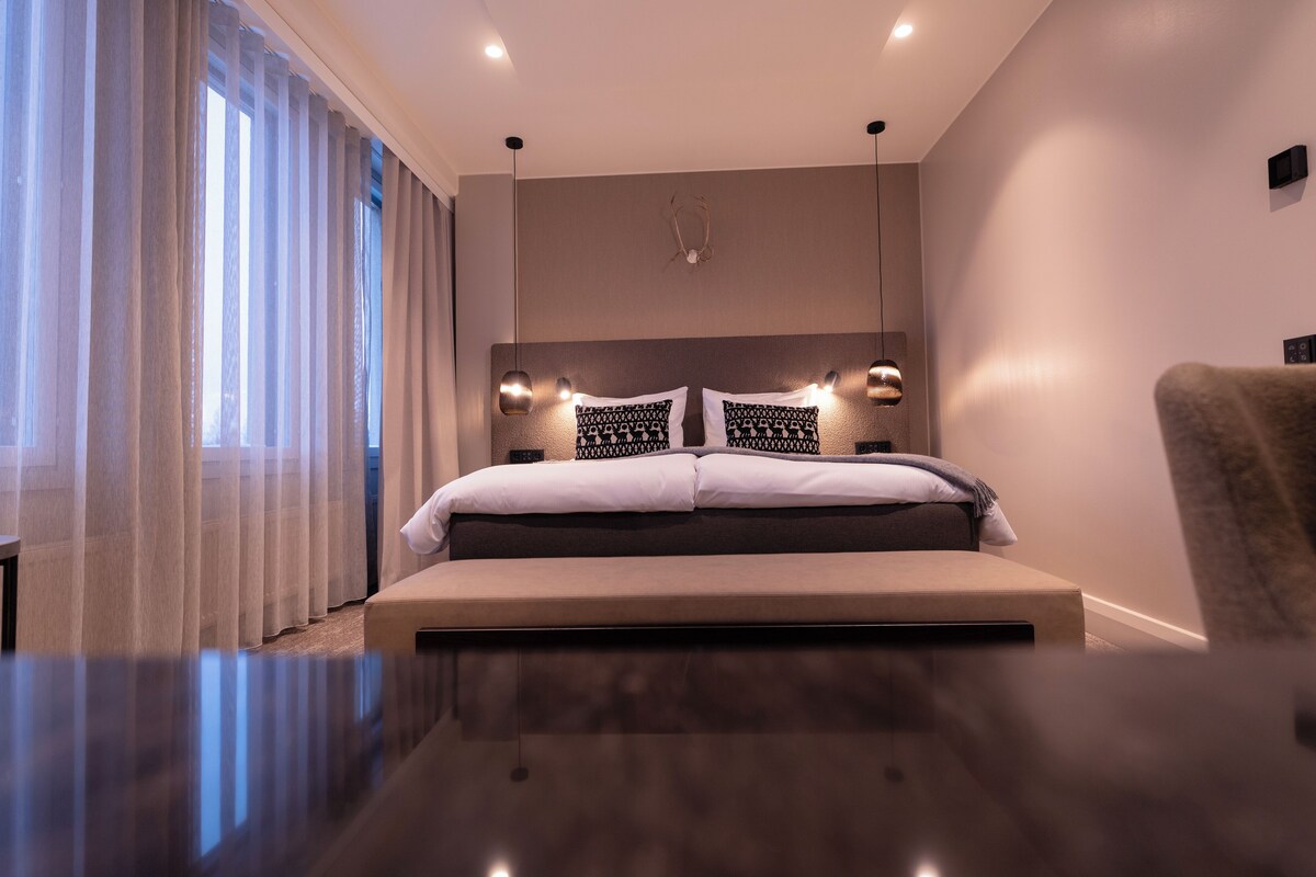 Une chambre à coucher moderne, dotée d’un grand lit, de lampes de chevet et offrant une vue sur l’extérieur à travers de fines rideaux.
