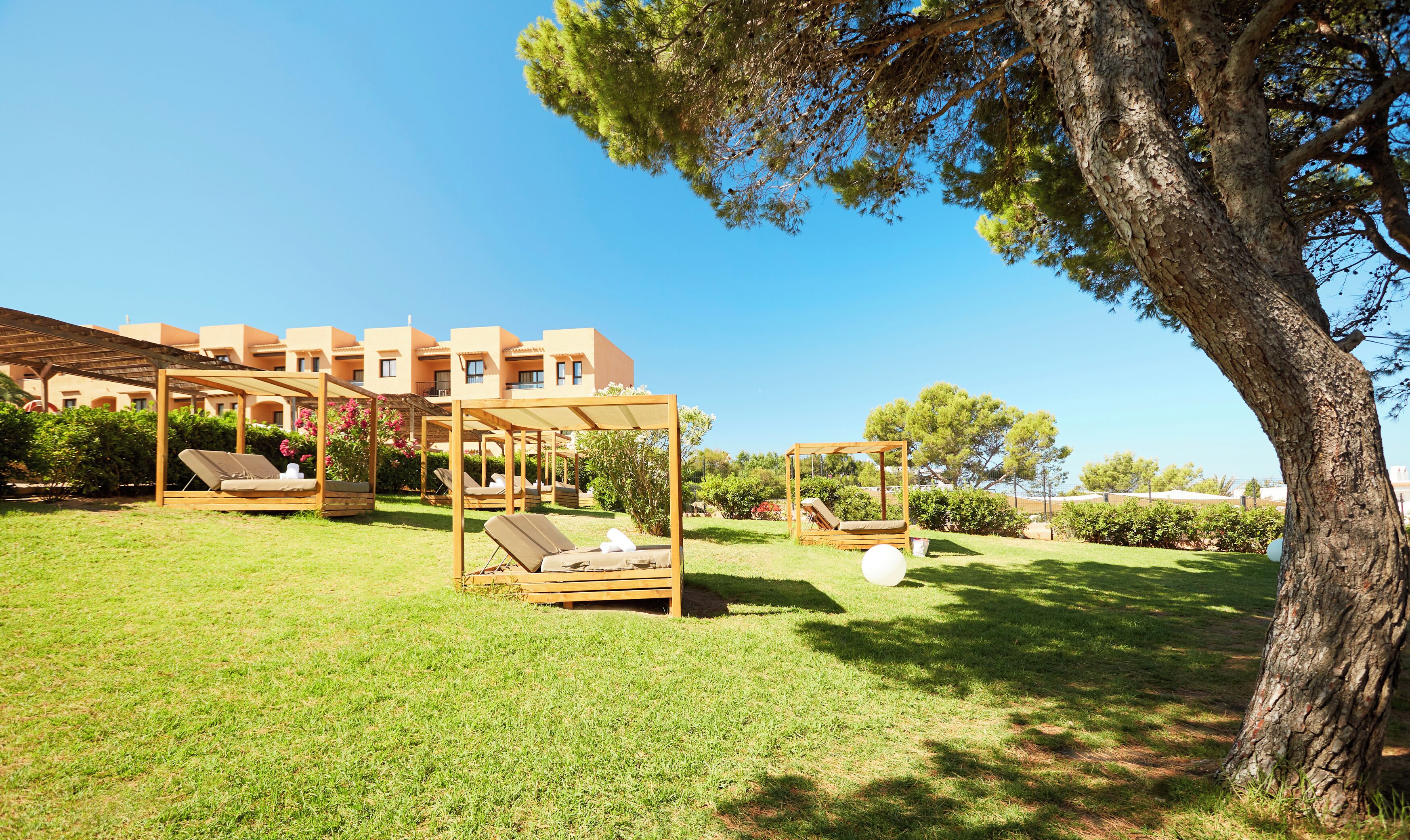 A resort with outdoor seating areas, a large tree, and a building with balconies.