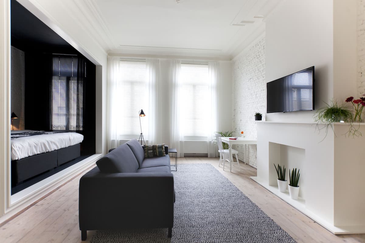 A modern living room with a sofa, a bed, a TV, and a fireplace.