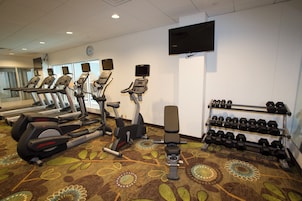 A gym with treadmills, stationary bikes, an elliptical, a bench, and a rack of dumbbells.